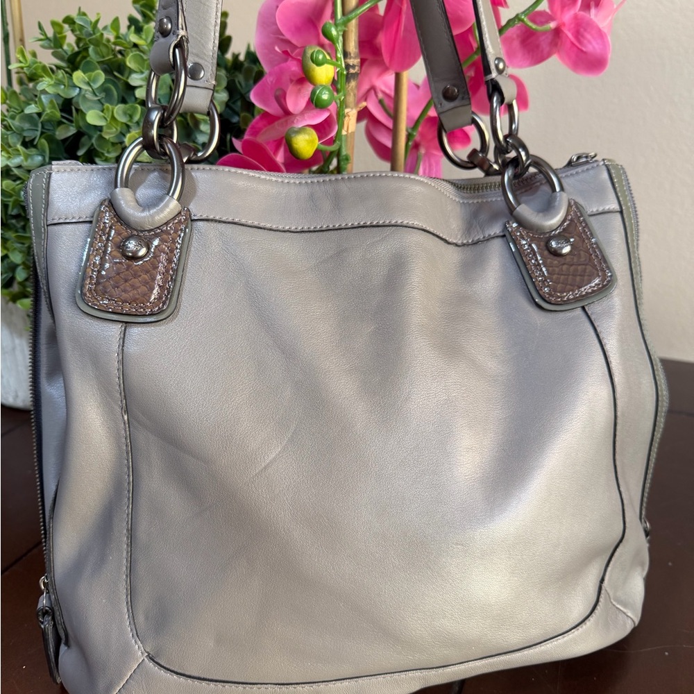Coach Kristen Spectator Bag Expandable Grey Green Leather Zip Double Handle - Picture 3 of 16